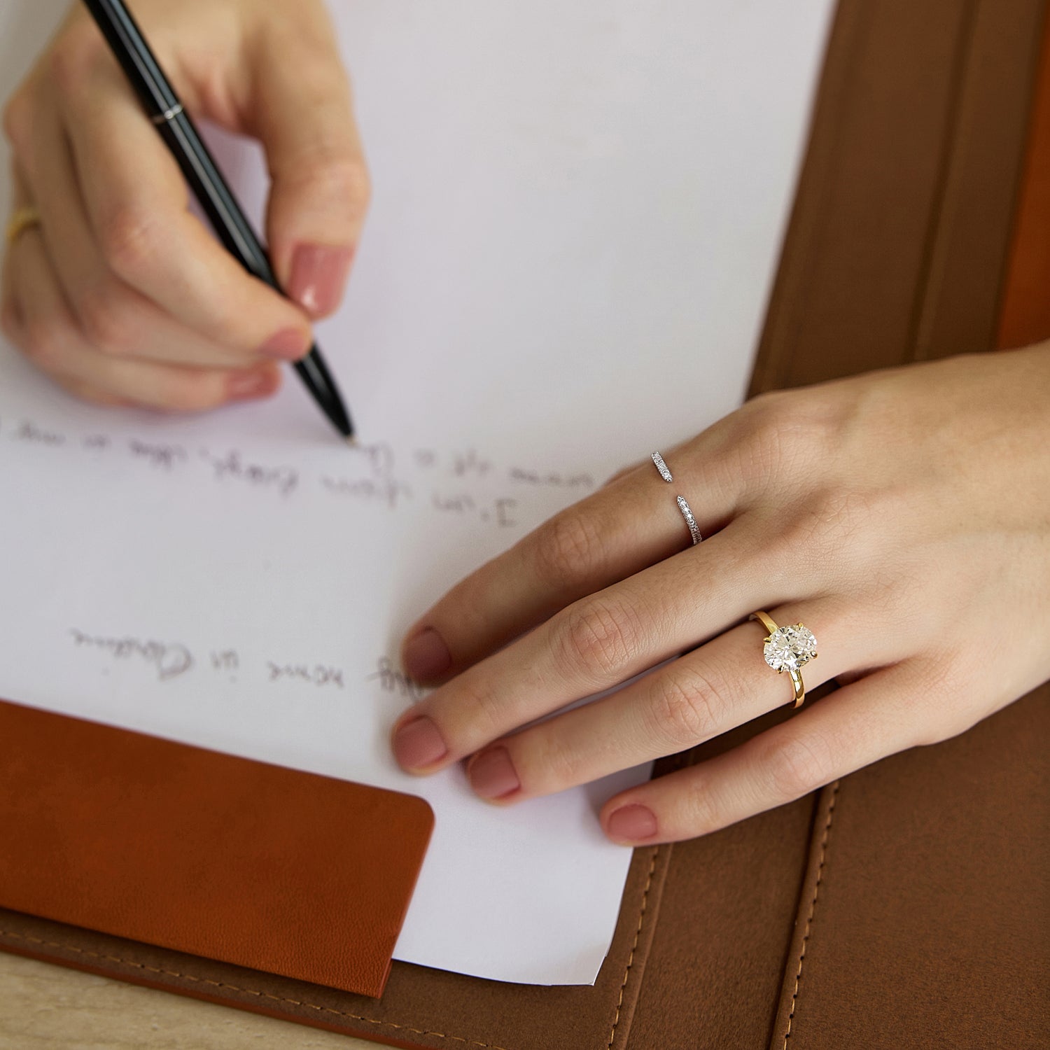 unusual womens wedding bands​, 5A CZ band ring, modern promise ring, cubic zirconia Rings, cz ring, wedding rings cz, eamti rings, cheap wedding rings under $50, copper ring, open band rings, open wedding band​. Person writing on a piece of paper with a pen, wearing a ring.