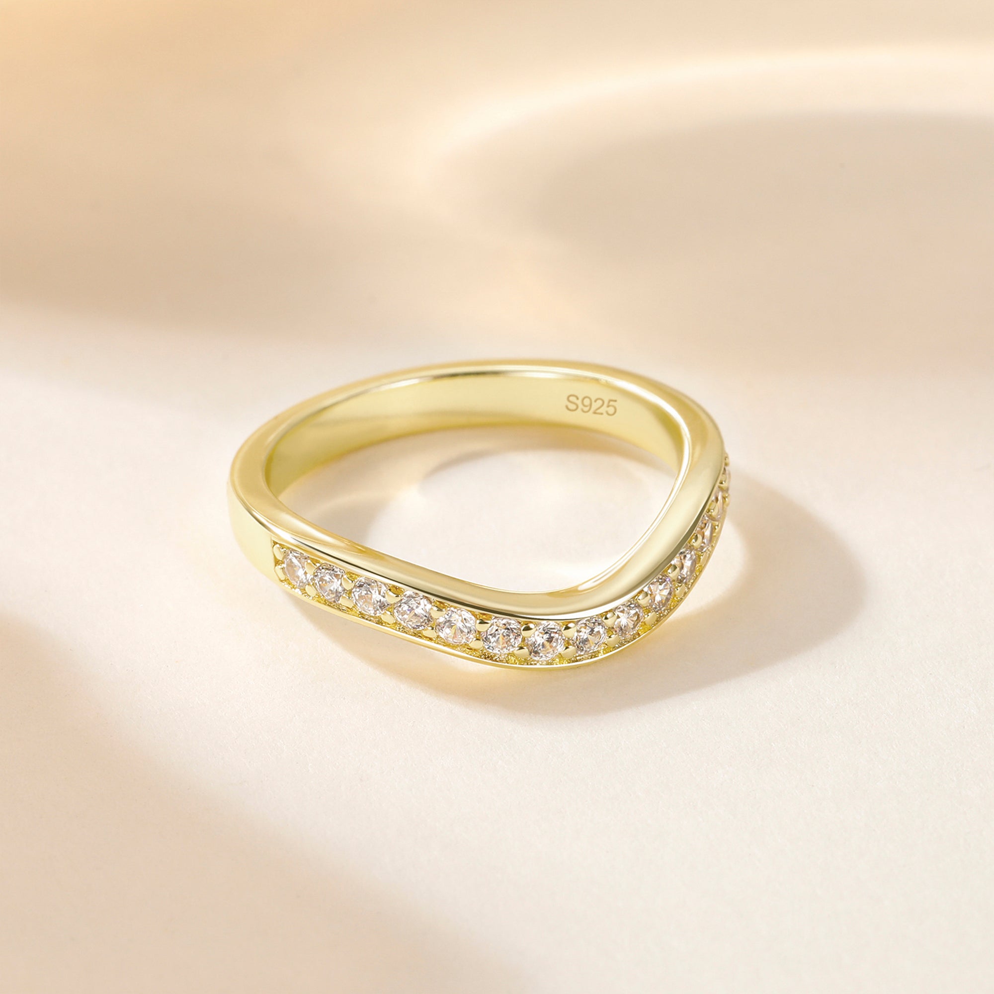cubic zirconia rings, curved band, curved engagement rings, gold wedding band, fake diamond rings, travel ring, stackable ring, half eternity wedding band, affordable jewelry