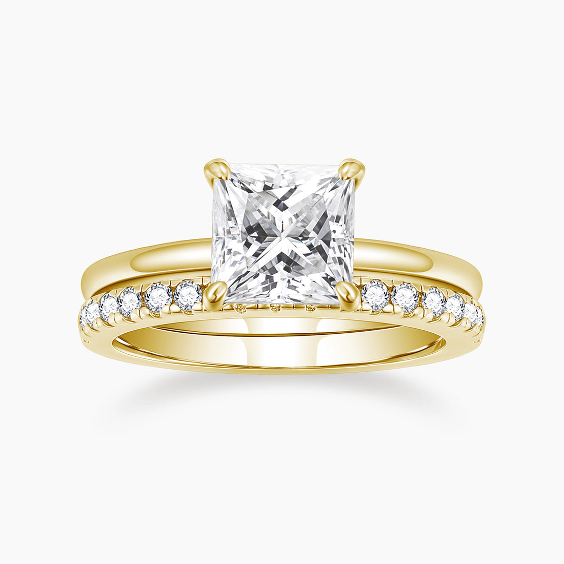 gold wedding band sets, fake bridal set rings, princess cut ring, travel ring under $50, cheap wedding ring sets, silver cz ring, stackable ring, half eternity ring