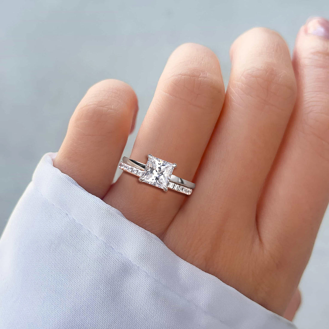fake bridal set rings, princess cut ring, travel ring under $50, cheap wedding ring sets, silver cz ring, stackable ring, half eternity ring, affordable jewelry