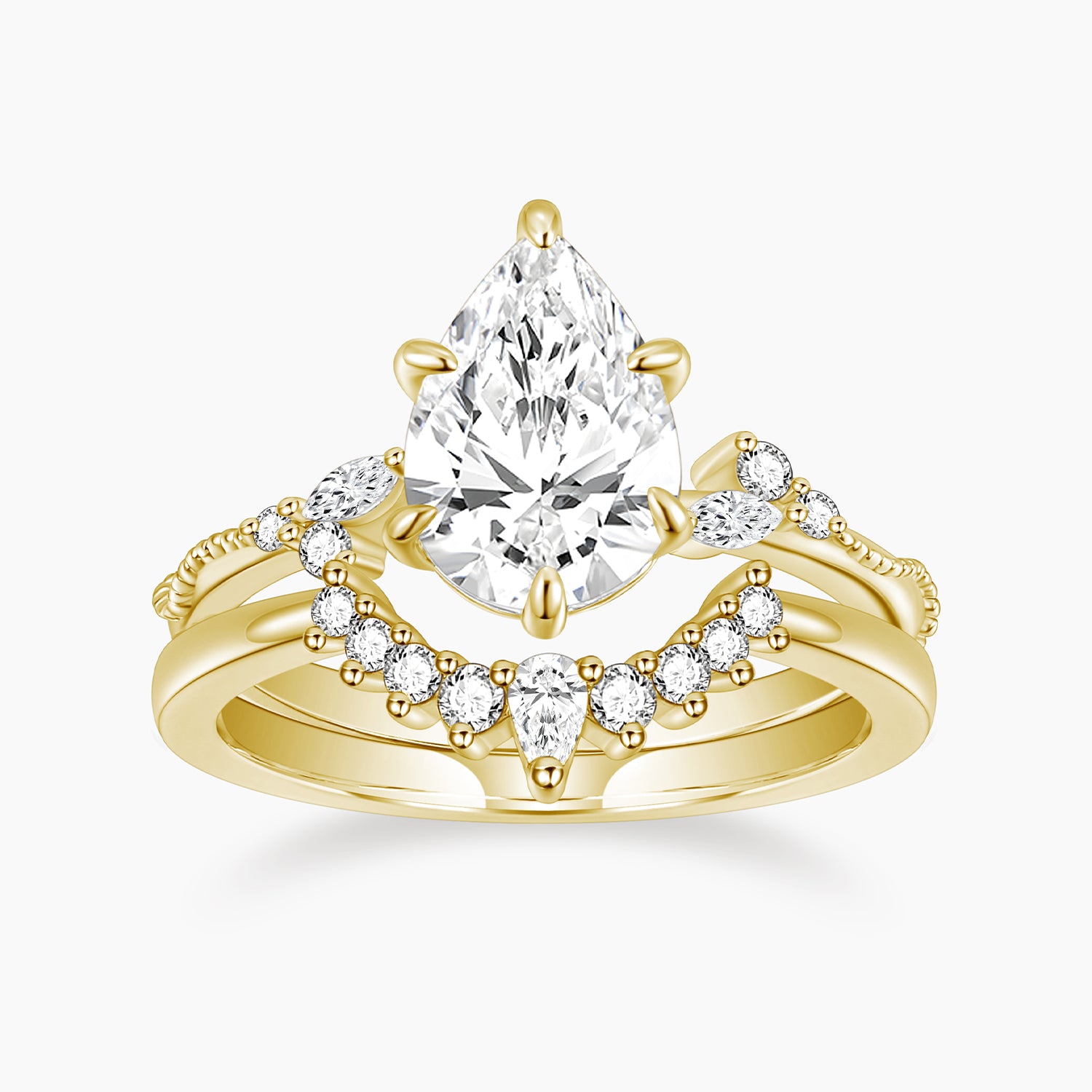 gold wedding band sets, cheap wedding ring sets, cz ring, cz engagement rings, cubic zirconia engagement rings, crown ring, pear engagement ring, fake bridal set rings, stackable ring