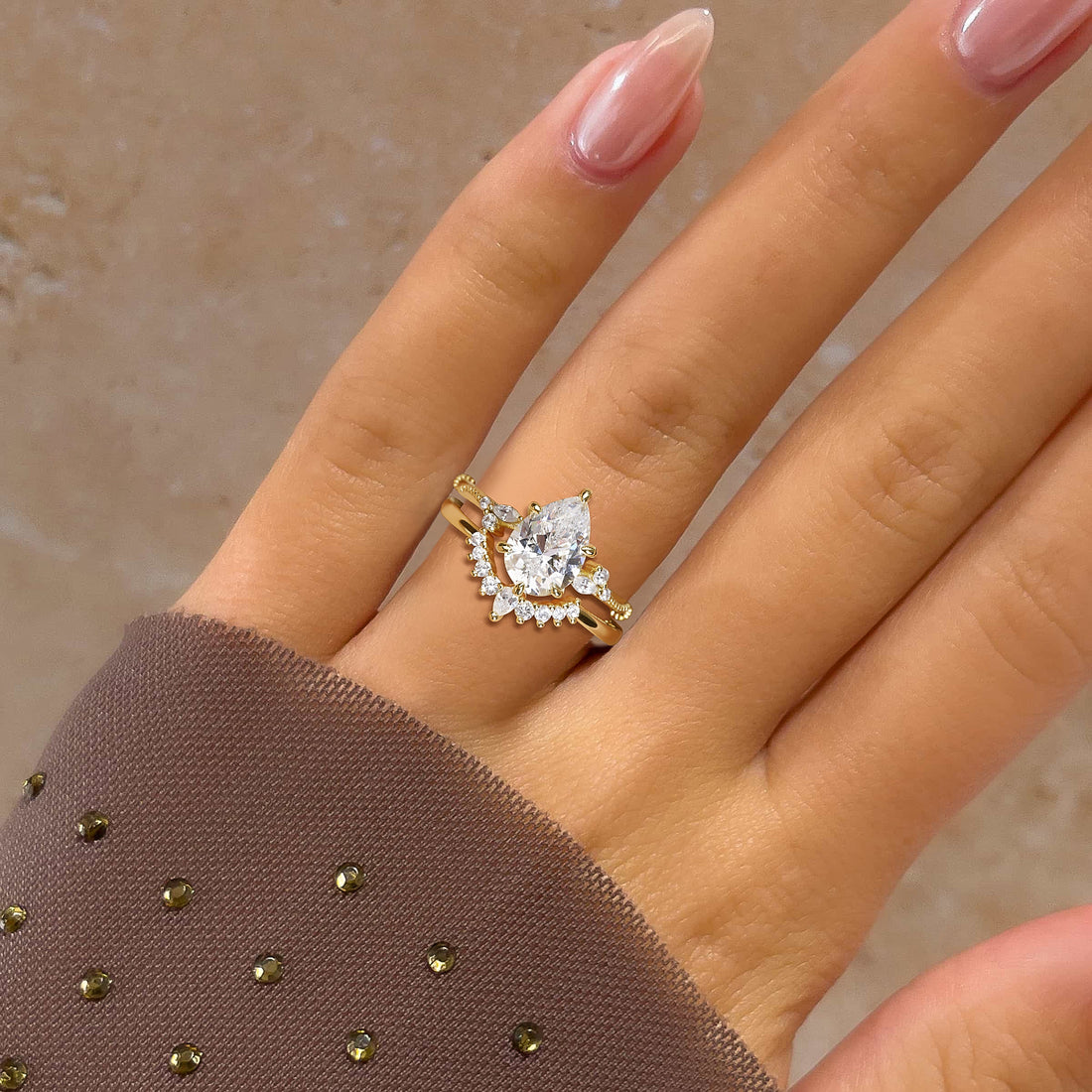 gold wedding band sets, cheap wedding ring sets, cz ring, cz engagement rings, cubic zirconia engagement rings, crown ring, pear engagement ring, fake bridal set rings, stackable ring