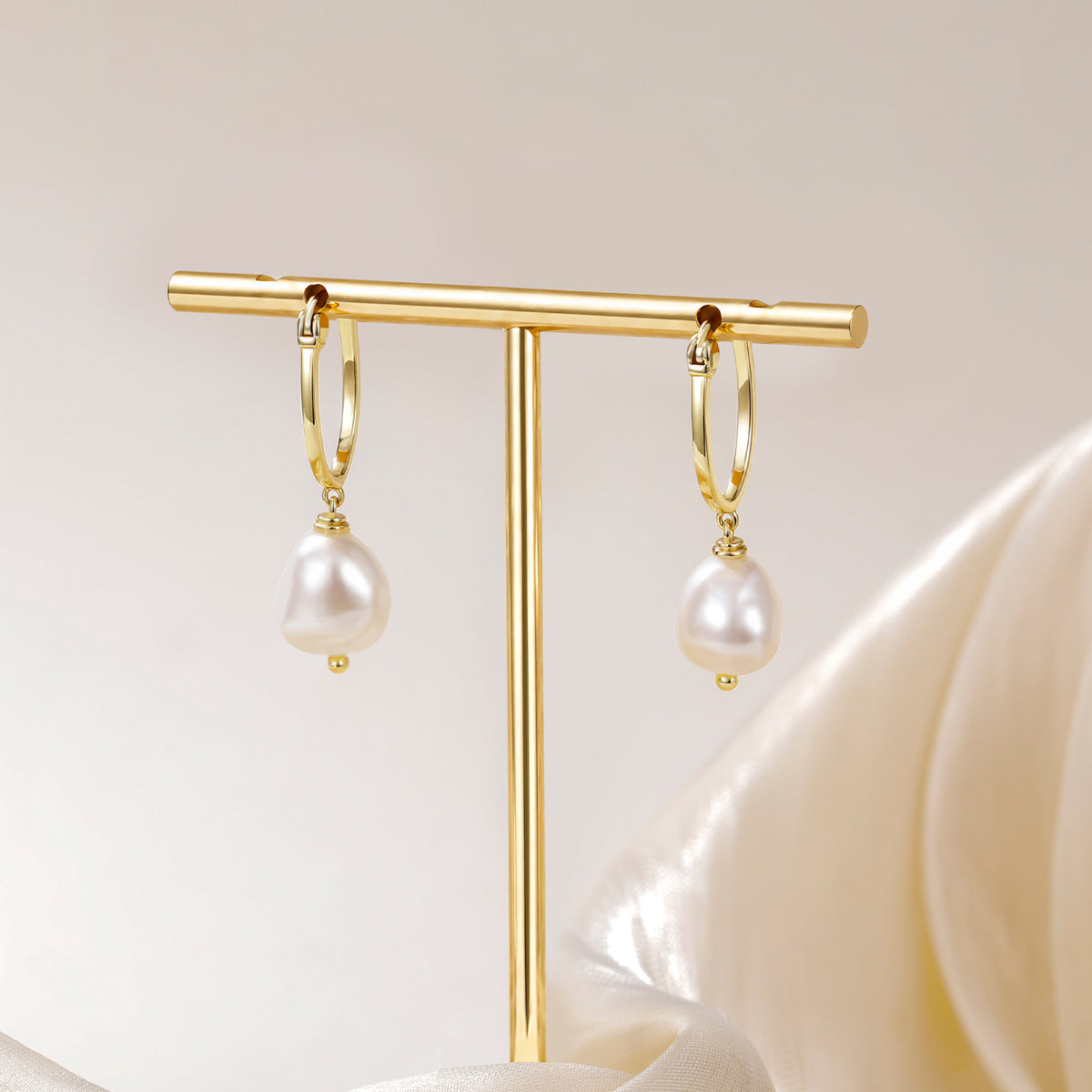 Soft Luster Organic Baroque Pearl Drop Hoop Earrings