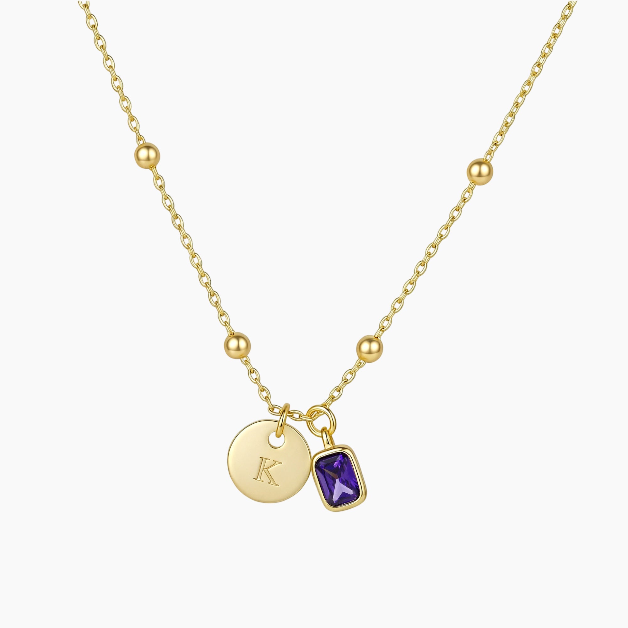 Custom Birthstone Initial Disc Pendant Necklace