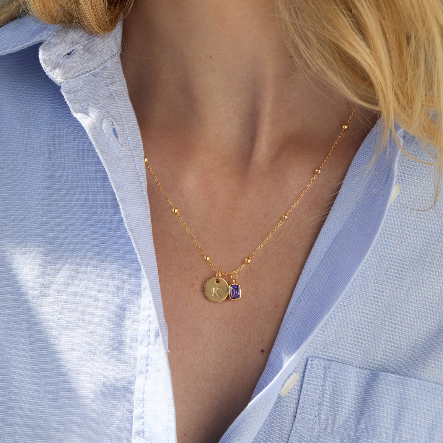 Custom Birthstone Initial Disc Pendant Necklace