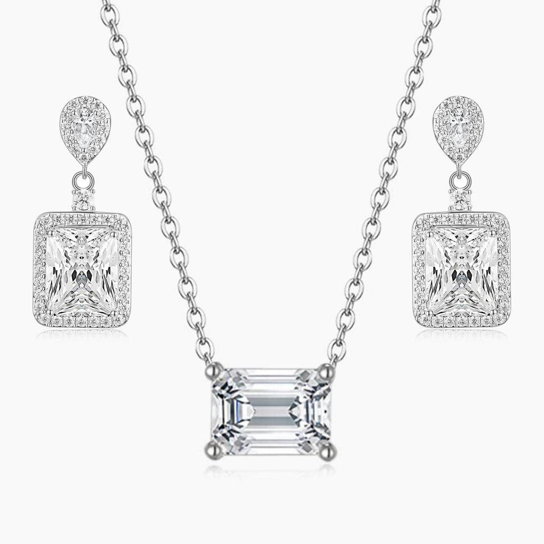 bridal set, bridal earrings, cz necklace for women, sterling silver necklace, silver gemstone necklace, cubic zirconia necklace, cz necklace, dainty necklace, emerald cut, necklace and earrings set, sets bridal jewelry, wedding jewelry sets, 30th wedding anniversary gift