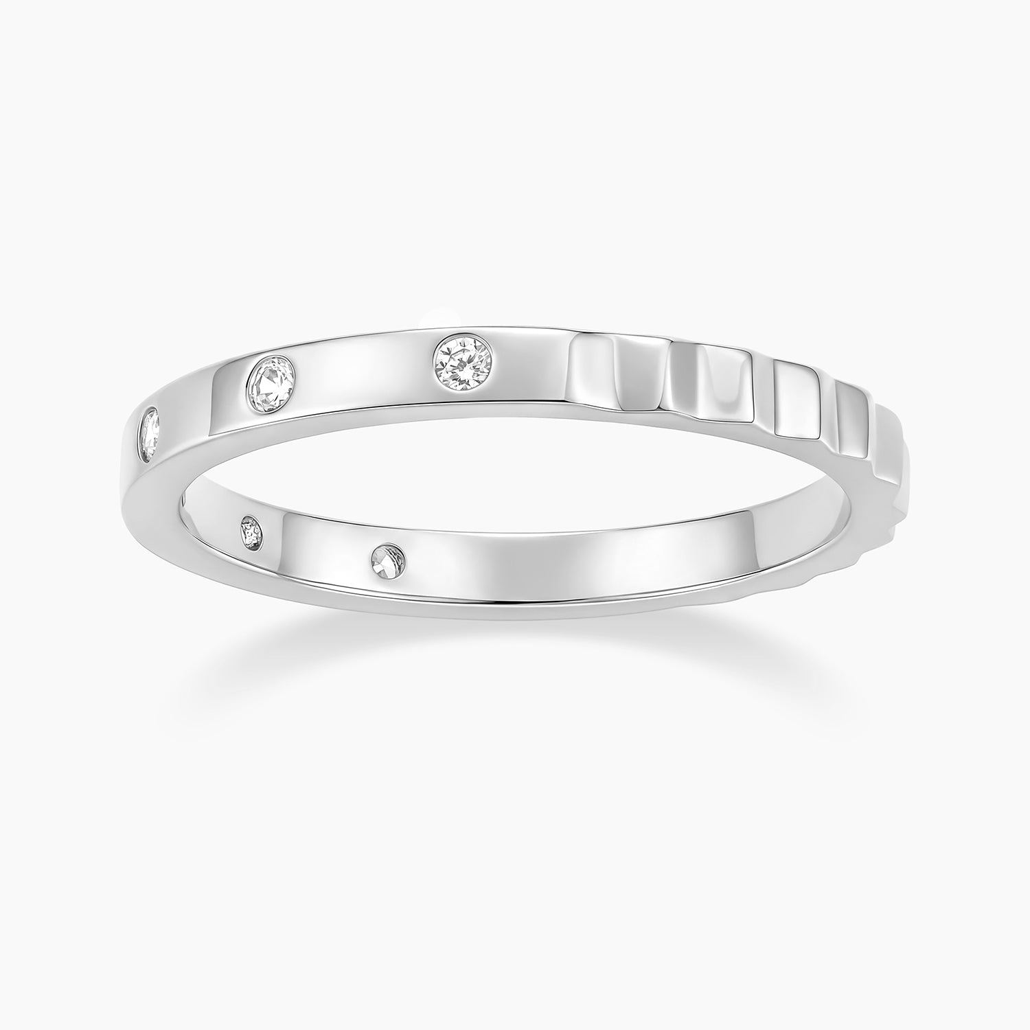 Silver Fluted Half Wedding Band Ring with small diamonds on a white background
