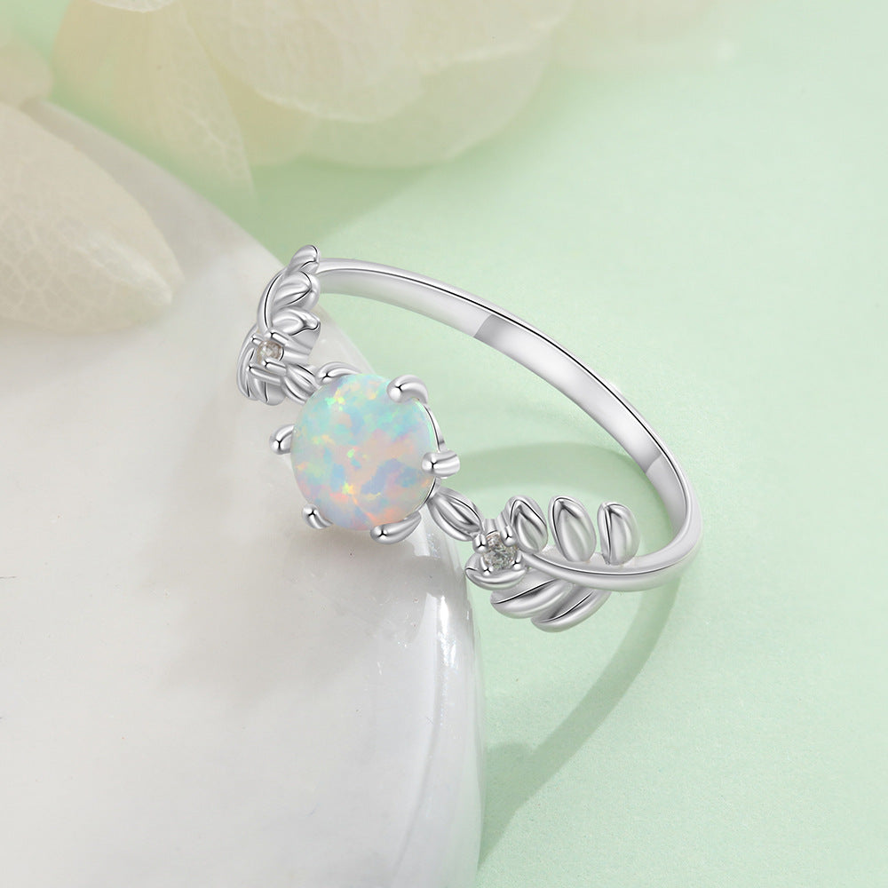 Leaf S925 Silver Round Opal Ring